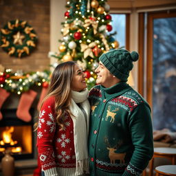 A joyful Christmas couple portrait, featuring a happy man and woman standing close together in front of a beautifully decorated Christmas tree