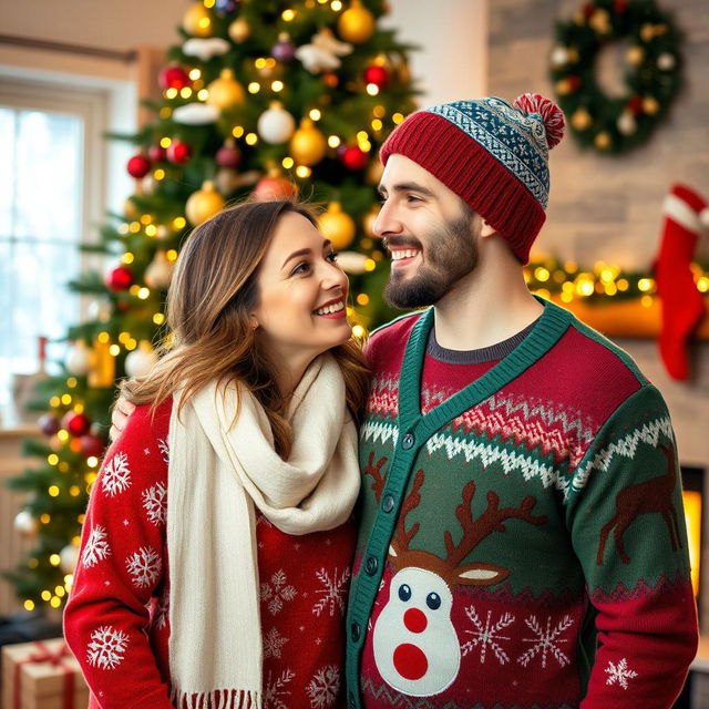 A joyful Christmas couple portrait, featuring a happy man and woman standing close together in front of a beautifully decorated Christmas tree