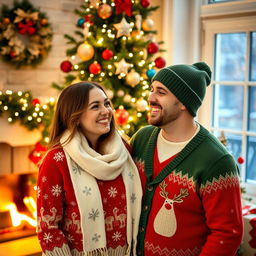 A joyful Christmas couple portrait, featuring a happy man and woman standing close together in front of a beautifully decorated Christmas tree