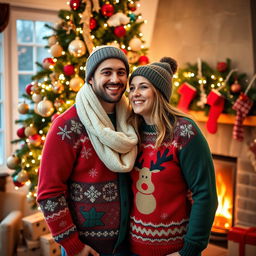 A joyful Christmas couple portrait, featuring a happy man and woman standing close together in front of a beautifully decorated Christmas tree