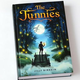 A captivating book cover design featuring a mystical forest scene at twilight, with glowing fireflies dancing among the trees