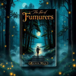 A captivating book cover design featuring a mystical forest scene at twilight, with glowing fireflies dancing among the trees