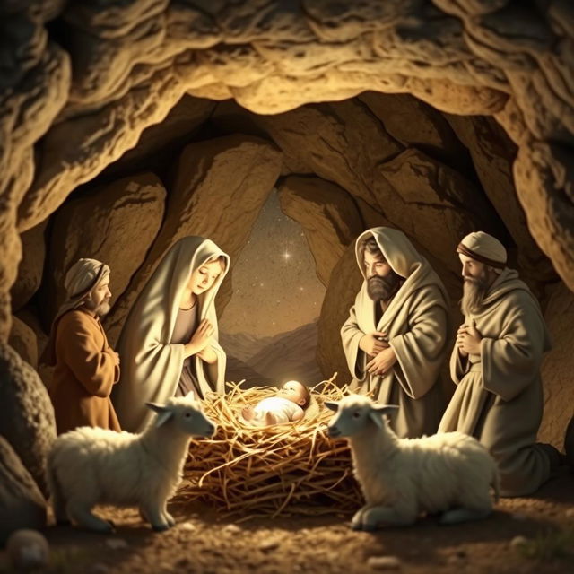 A gentle and heartwarming nativity scene set in a rustic cave illuminated by soft light