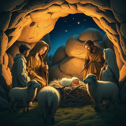 A gentle and heartwarming nativity scene set in a rustic cave illuminated by soft light