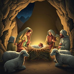 A gentle and heartwarming nativity scene set in a rustic cave illuminated by soft light