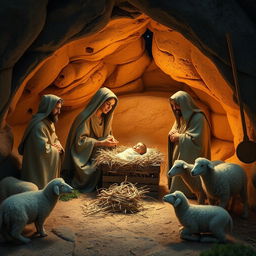 A gentle and heartwarming nativity scene set in a rustic cave illuminated by soft light