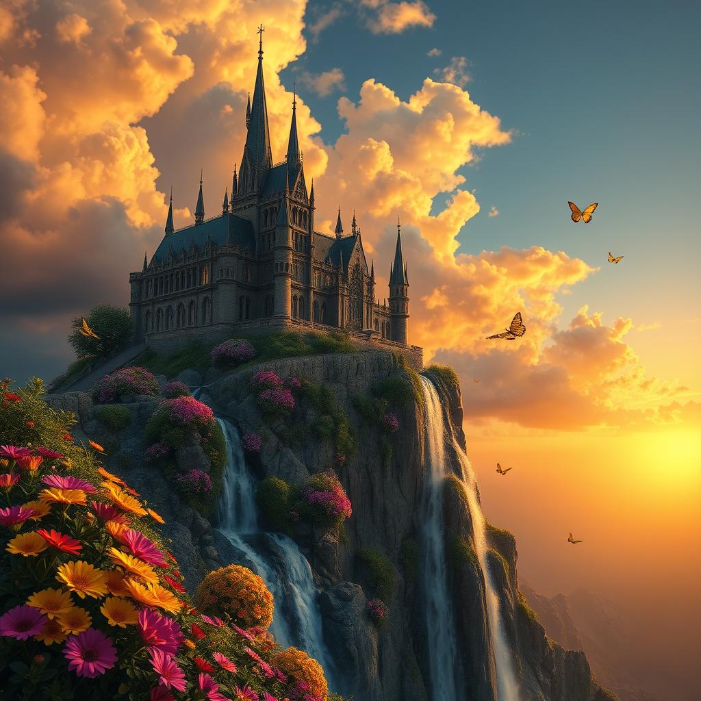 A breathtaking fantasy landscape featuring a majestic castle on a cliff, surrounded by vibrant, colorful flowers, with a sparkling waterfall cascading down the rocks