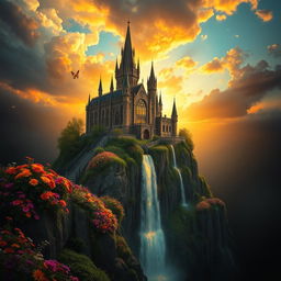 A breathtaking fantasy landscape featuring a majestic castle on a cliff, surrounded by vibrant, colorful flowers, with a sparkling waterfall cascading down the rocks