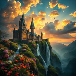 A breathtaking fantasy landscape featuring a majestic castle on a cliff, surrounded by vibrant, colorful flowers, with a sparkling waterfall cascading down the rocks