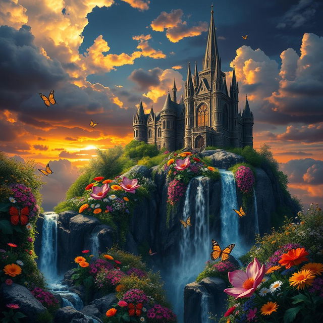 A breathtaking fantasy landscape featuring a majestic castle on a cliff, surrounded by vibrant, colorful flowers, with a sparkling waterfall cascading down the rocks