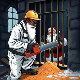 A black engineer wearing a white construction suit and helmet, actively sawing through the bars of a prison cell where Santa Claus is trapped
