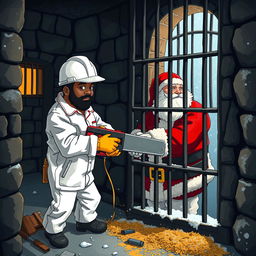 A black engineer wearing a white construction suit and helmet, actively sawing through the bars of a prison cell where Santa Claus is trapped