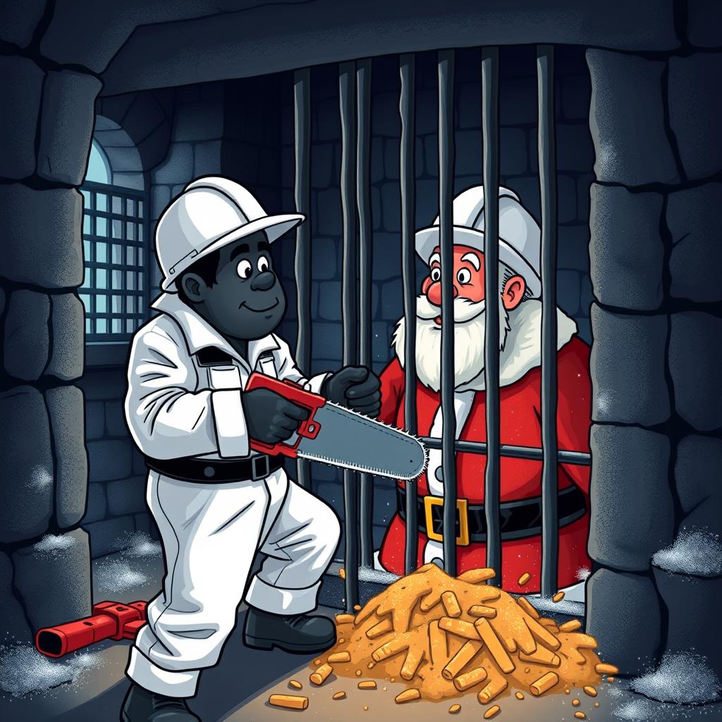 A black engineer wearing a white construction suit and helmet, actively sawing through the bars of a prison cell where Santa Claus is trapped