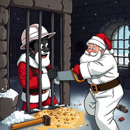 A black engineer wearing a white construction suit and helmet, actively sawing through the bars of a prison cell where Santa Claus is trapped