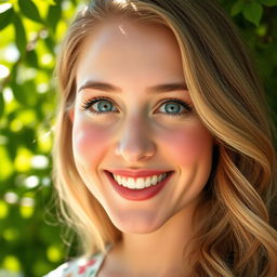 A close-up portrait of a woman with a cute smile, featuring bright blue eyes and long, wavy blonde hair
