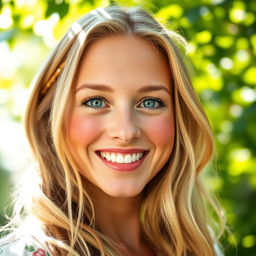 A close-up portrait of a woman with a cute smile, featuring bright blue eyes and long, wavy blonde hair