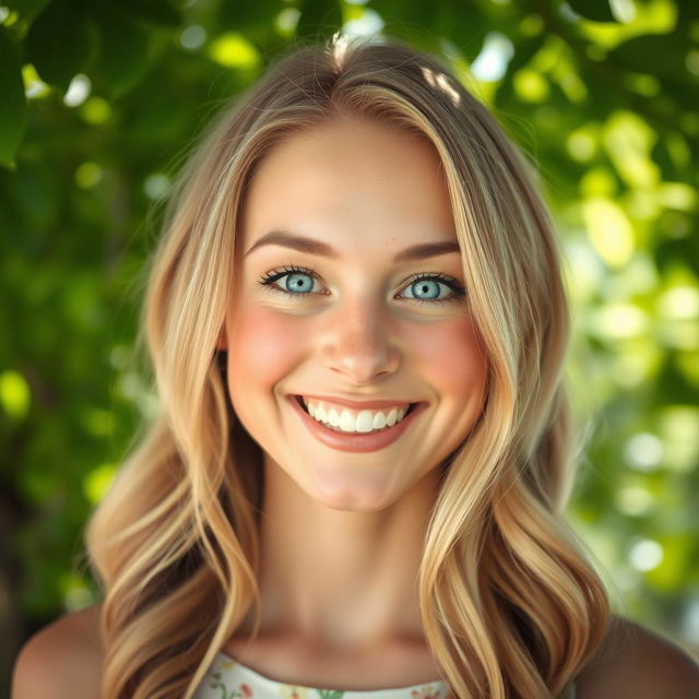 A close-up portrait of a woman with a cute smile, featuring bright blue eyes and long, wavy blonde hair