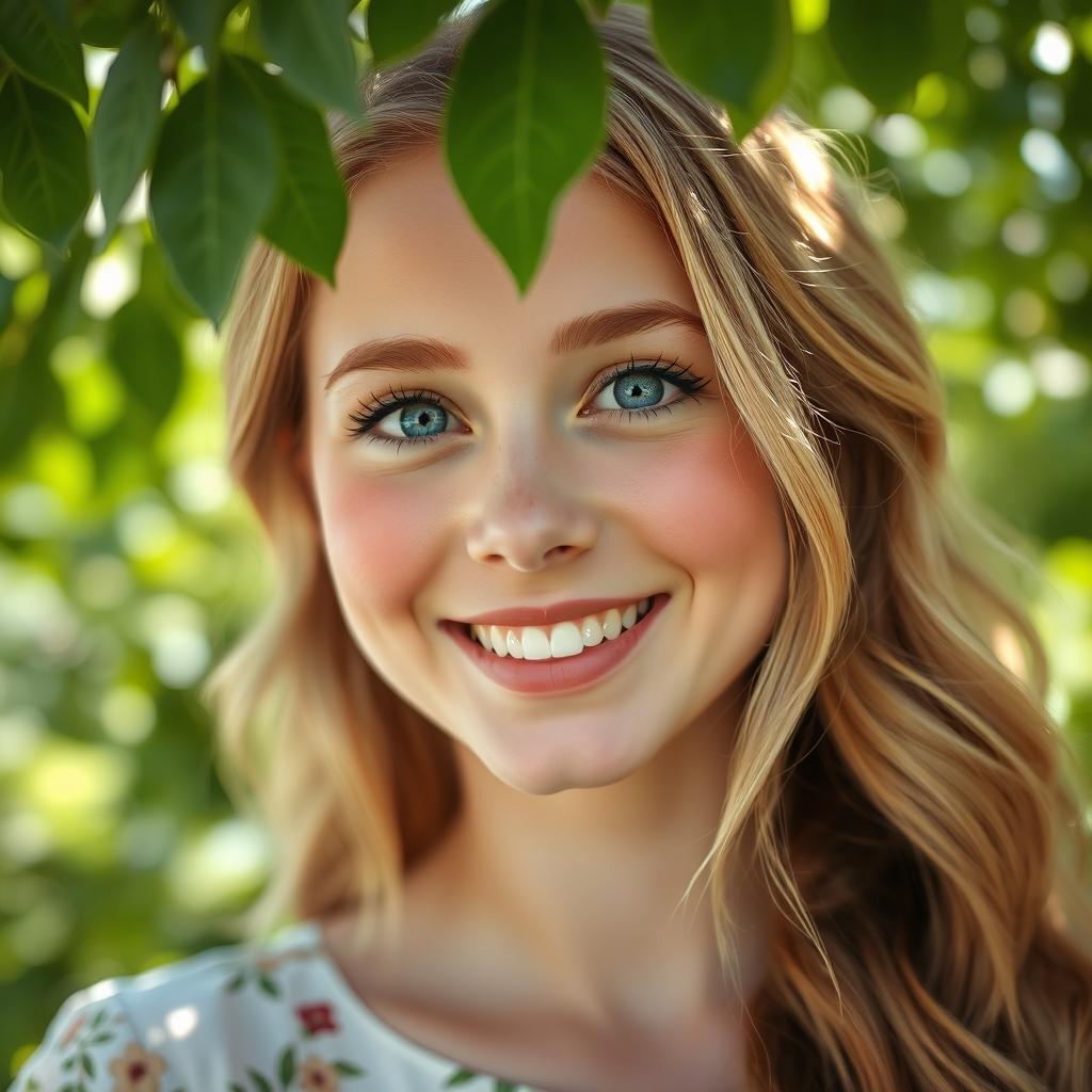 A close-up portrait of a woman with a cute smile, featuring bright blue eyes and long, wavy blonde hair