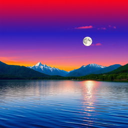 A serene landscape featuring a vast, tranquil lake reflecting the vivid colors of the sunset with gentle ripples