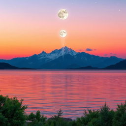 A serene landscape featuring a vast, tranquil lake reflecting the vivid colors of the sunset with gentle ripples