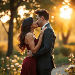 A captivating and playful scene depicting a beautiful and alluring couple engaged in a passionate kiss