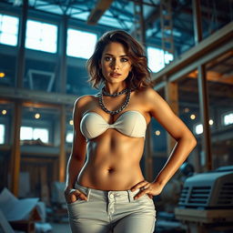 A captivating image of a bold female architect standing inside a construction building, confidently showcasing her form