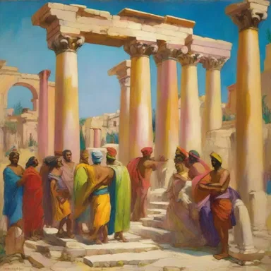 The artist used vibrant colors and bold brushstrokes to depict a punic scene from ancient Carthage.