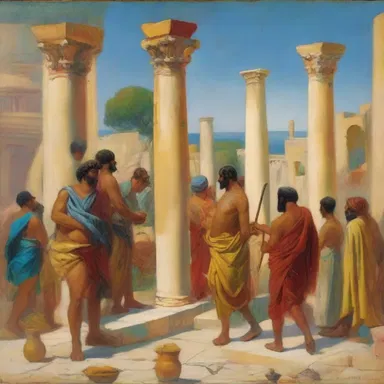 The artist used vibrant colors and bold brushstrokes to depict a punic scene from ancient Carthage.