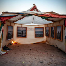 A handmade tent resembling the improvised tents seen in Gaza, crafted from a mix of humanitarian aid materials including tarpaulin and colorful fabrics, patched together in an uneven and chaotic manner