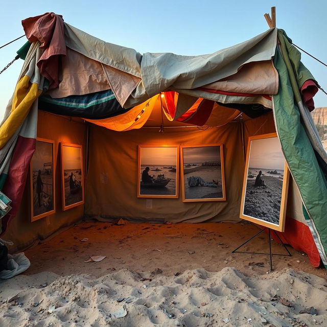 A handmade tent resembling the improvised tents seen in Gaza, crafted from a mix of humanitarian aid materials including tarpaulin and colorful fabrics, patched together in an uneven and chaotic manner