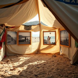 A handmade tent resembling the improvised tents seen in Gaza, crafted from a mix of humanitarian aid materials including tarpaulin and colorful fabrics, patched together in an uneven and chaotic manner