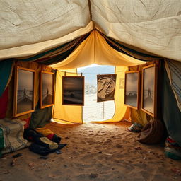 A handmade tent resembling the improvised tents seen in Gaza, crafted from a mix of humanitarian aid materials including tarpaulin and colorful fabrics, patched together in an uneven and chaotic manner