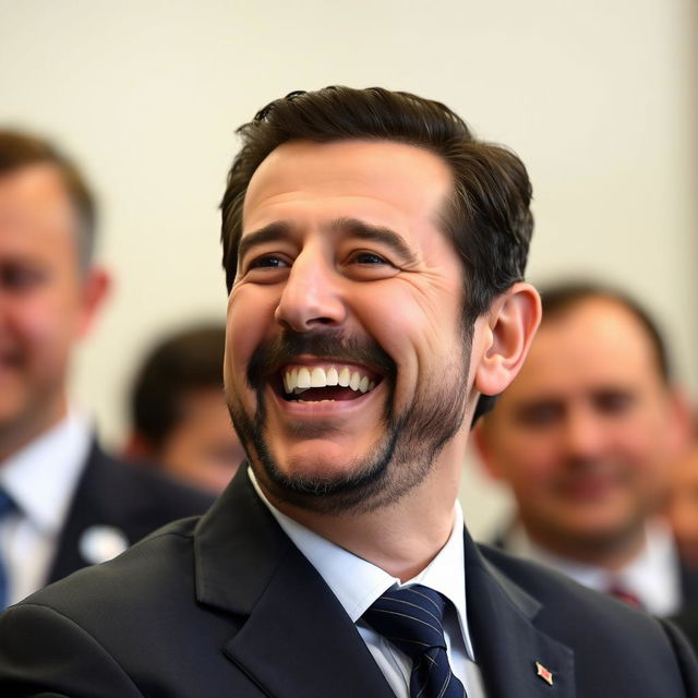 A portrait of Bashar Al-Assad laughing heartily, showcasing his charismatic smile and engaging demeanor