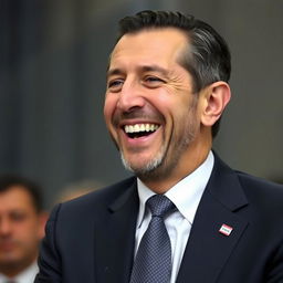 A portrait of Bashar Al-Assad laughing heartily, showcasing his charismatic smile and engaging demeanor