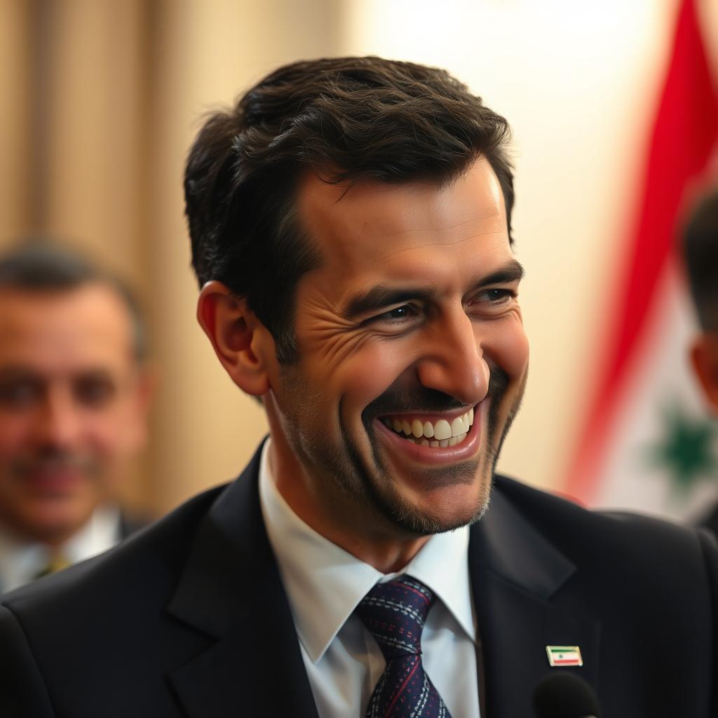 A portrait of Bashar Al-Assad laughing heartily, showcasing his charismatic smile and engaging demeanor