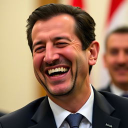 A portrait of Bashar Al-Assad laughing heartily, showcasing his charismatic smile and engaging demeanor