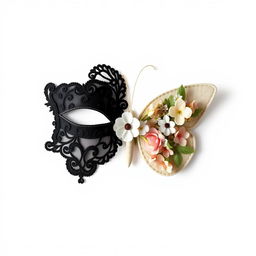 A symmetrical design featuring a black lace ball mask on the left, intricately embroidered with fine details, exuding an air of mystery and sophistication