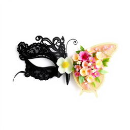 A symmetrical design featuring a black lace ball mask on the left, intricately embroidered with fine details, exuding an air of mystery and sophistication