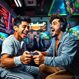 A dynamic scene depicting two popular YouTube gamers, Abu Filla and Bandrita, engaging in an intense and funny gaming match