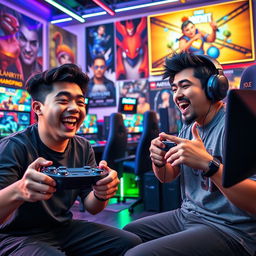 A dynamic scene depicting two popular YouTube gamers, Abu Filla and Bandrita, engaging in an intense and funny gaming match