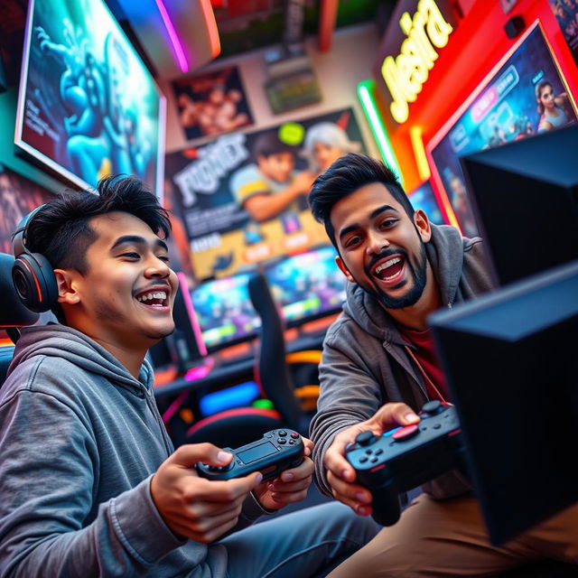 A dynamic scene depicting two popular YouTube gamers, Abu Filla and Bandrita, engaging in an intense and funny gaming match