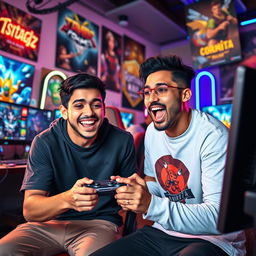 A dynamic scene depicting two popular YouTube gamers, Abu Filla and Bandrita, engaging in an intense and funny gaming match