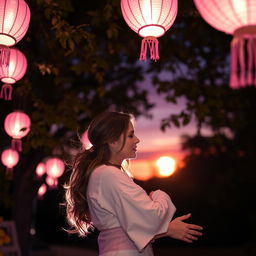 A romantic couple embracing each other under a starlit sky, surrounded by glowing lanterns hanging from trees, soft pink and purple hues illuminating their faces, the couple sharing a tender gaze filled with love and affection, a gentle breeze rustling through the leaves, capturing a moment of intimacy and connection, with a beautiful sunset in the backdrop casting a warm glow