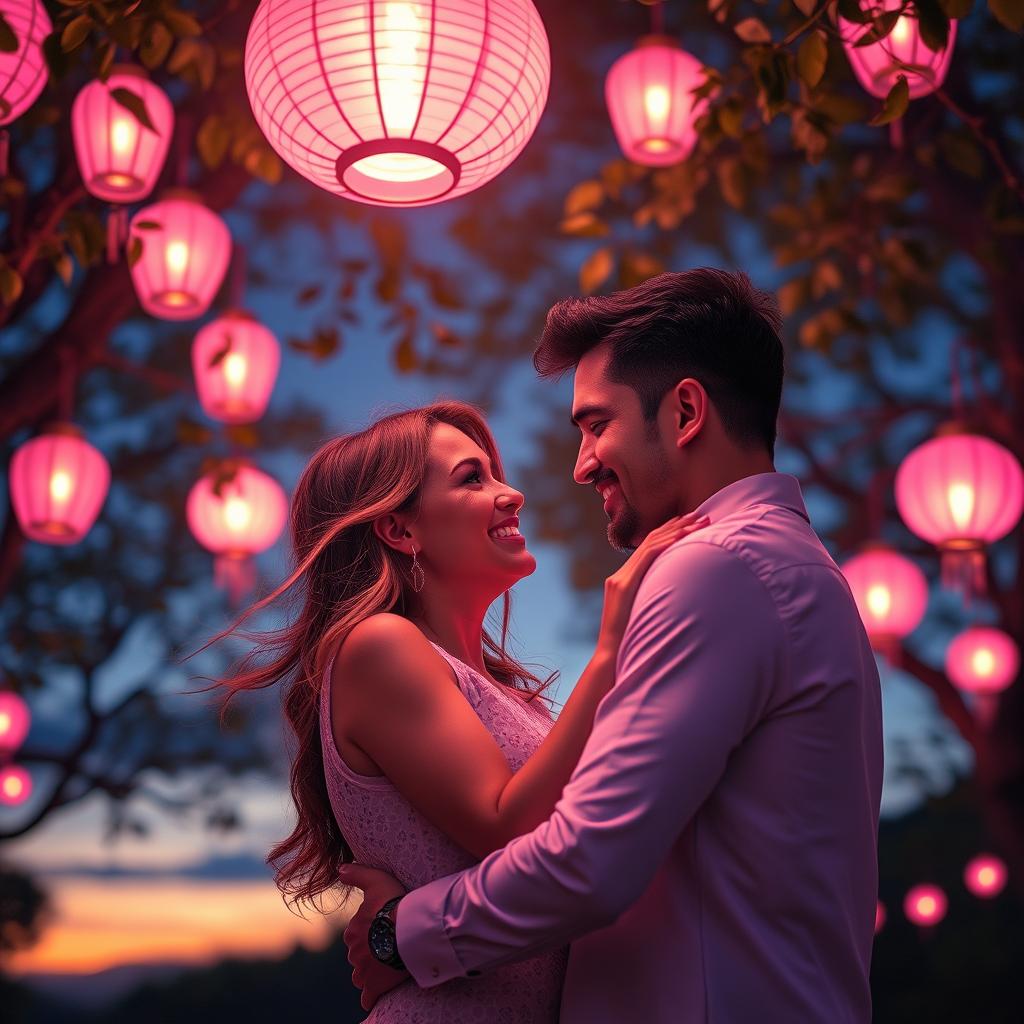 A romantic couple embracing each other under a starlit sky, surrounded by glowing lanterns hanging from trees, soft pink and purple hues illuminating their faces, the couple sharing a tender gaze filled with love and affection, a gentle breeze rustling through the leaves, capturing a moment of intimacy and connection, with a beautiful sunset in the backdrop casting a warm glow