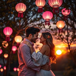 A romantic couple embracing each other under a starlit sky, surrounded by glowing lanterns hanging from trees, soft pink and purple hues illuminating their faces, the couple sharing a tender gaze filled with love and affection, a gentle breeze rustling through the leaves, capturing a moment of intimacy and connection, with a beautiful sunset in the backdrop casting a warm glow