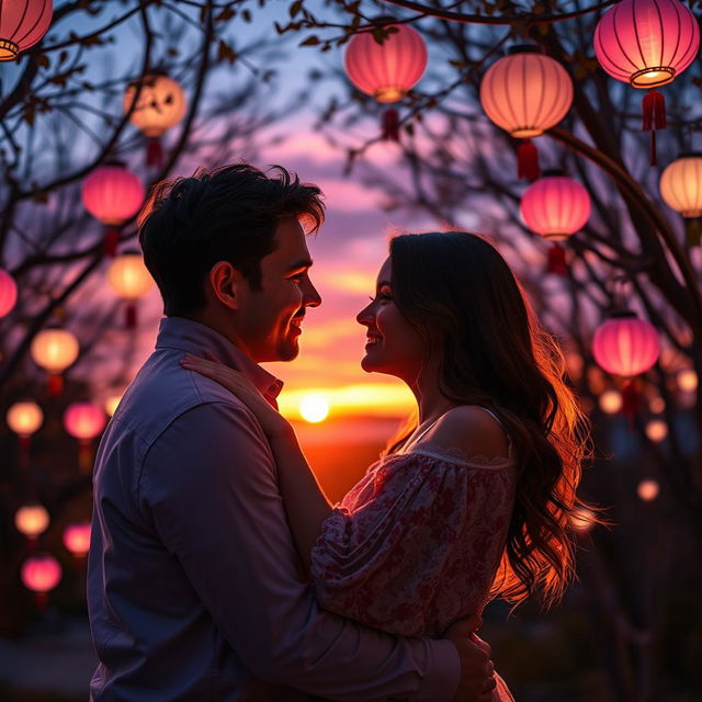 A romantic couple embracing each other under a starlit sky, surrounded by glowing lanterns hanging from trees, soft pink and purple hues illuminating their faces, the couple sharing a tender gaze filled with love and affection, a gentle breeze rustling through the leaves, capturing a moment of intimacy and connection, with a beautiful sunset in the backdrop casting a warm glow