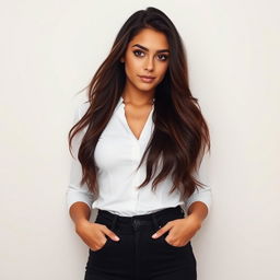 A stunning portrait of a confident young woman with long flowing brunette hair, wearing a fitted white blouse and black jeans, standing tall in front of a plain, light-colored wall