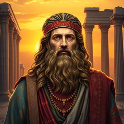 A majestic portrait of Cyrus the Great, the founder of the Persian Empire, depicted in traditional Persian attire with rich patterns and vibrant colors