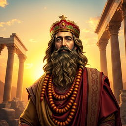 A majestic portrait of Cyrus the Great, the founder of the Persian Empire, depicted in traditional Persian attire with rich patterns and vibrant colors