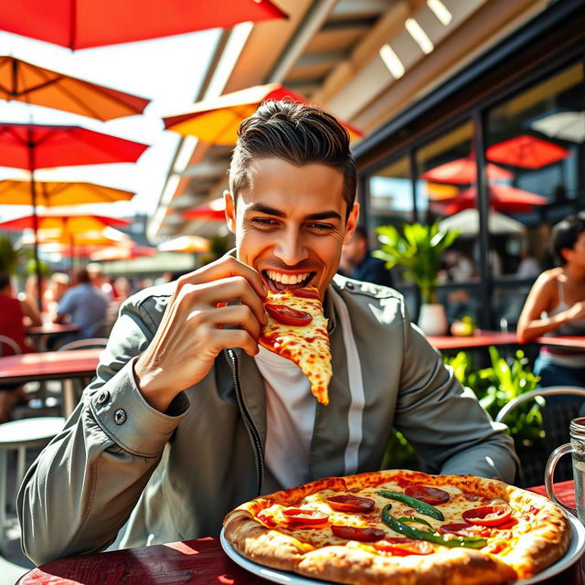 A joyful football superstar, resembling Cristiano Ronaldo, sitting at a stylish outdoor café, taking a big bite of a delicious slice of pizza